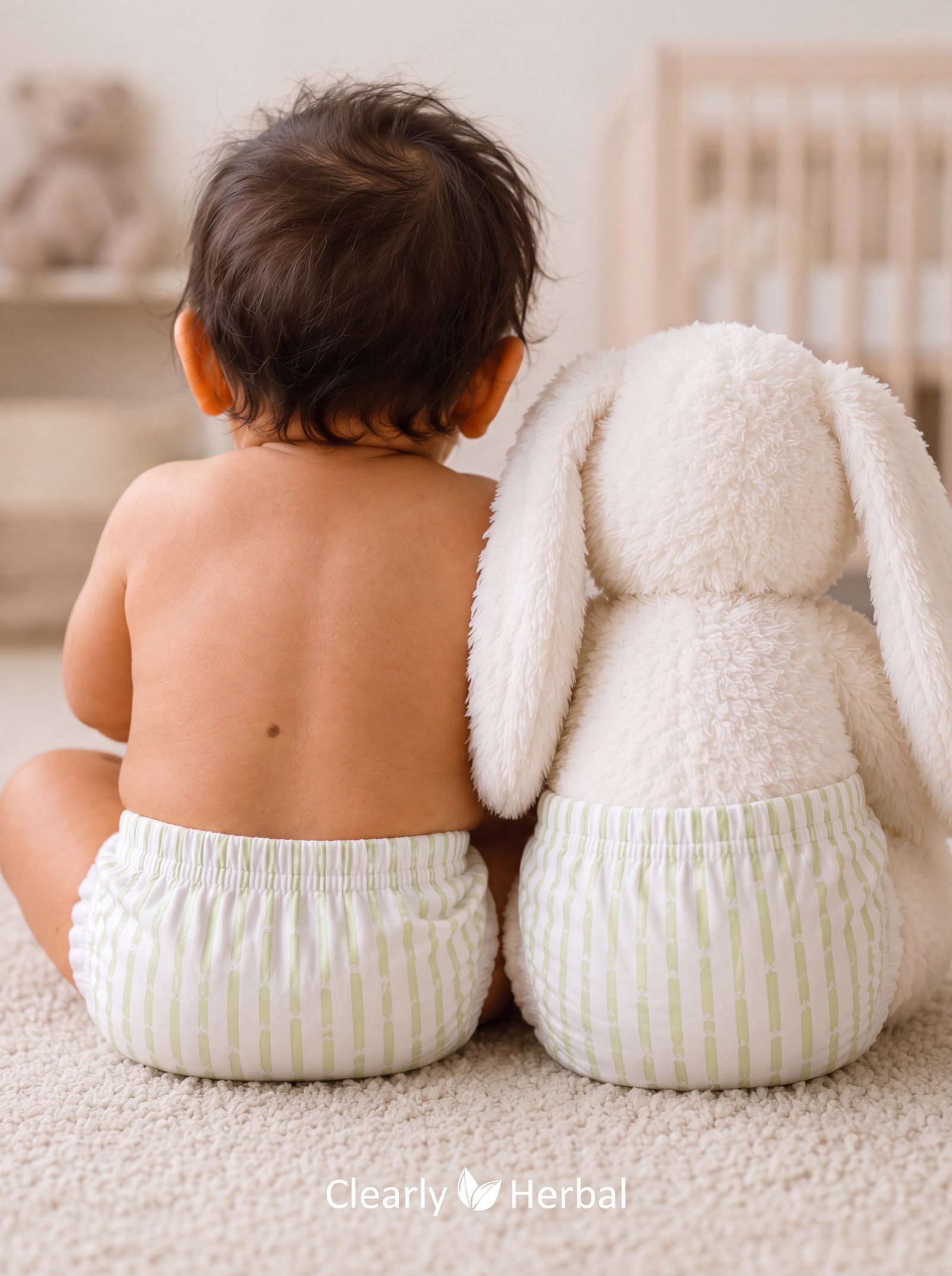 Baby sitting beside a soft bunny, both wearing Clearly Herbal diapers