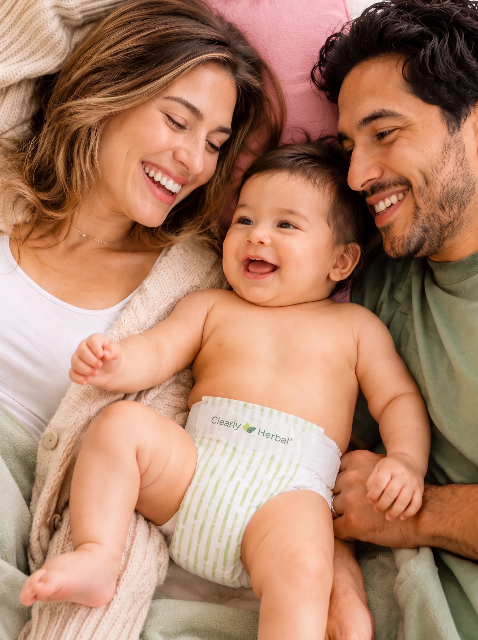 Parents cuddling their smiling baby