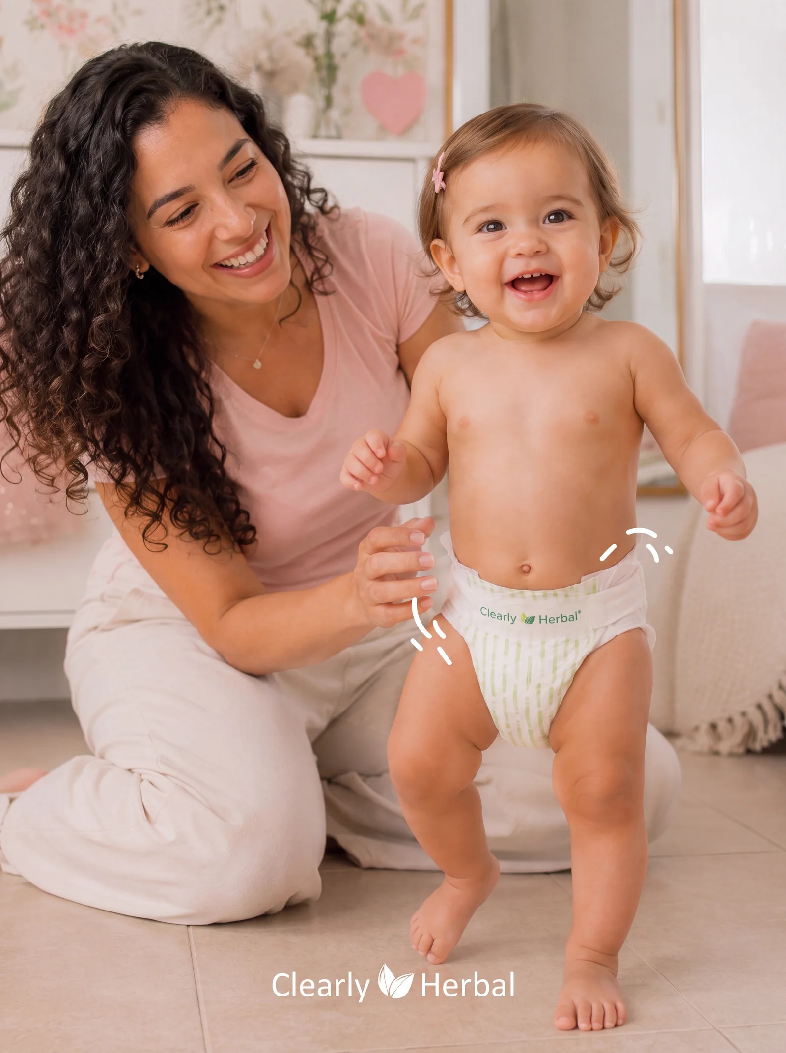 A parent helping their happy toddler take a step